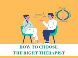 Test reads: Finding the right therapist. With 2 people sat side by side.